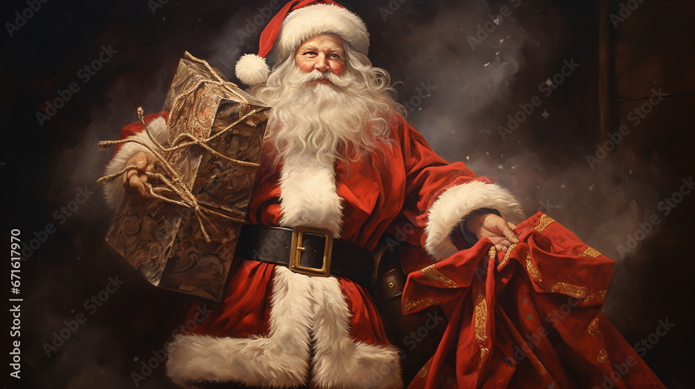 Santa claus with a bag of gifts in his hands winter.