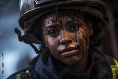 Exhausted African American Female Firefighter Portrait After Battling Fire - Strength and Resilience.
