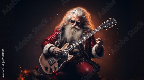 Santa claus rocker with a bag of gutar in his hands photo