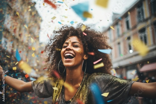 African American Woman Celebrates Her Team's Street Victory with Flags and Confetti - Grand Celebration