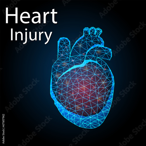 Human heart injury low poly. Organ anatomy. Blood supply system. Hypertension, heart attack, stroke, arrhythmia. Innovative medicine and technology. 3d low poly wireframe isolated vector illustration.