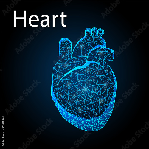 Human heart  low poly. Organ anatomy. Blood supply system. Hypertension, heart attack, stroke, arrhythmia. Innovative medicine and technology. 3d low poly wireframe isolated vector illustration.