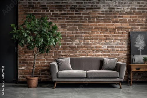 Modern Living Room with Brick Wall  Flower Decor  and Stylish Gray Sofa.