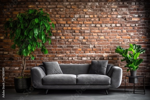 Modern Living Room with Brick Wall, Flower Decor, and Stylish Gray Sofa.