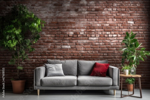 Modern Living Room with Brick Wall, Flower Decor, and Stylish Gray Sofa.