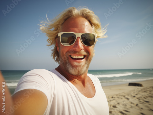Middle-aged man having fun time on the beach, closeup portrait.