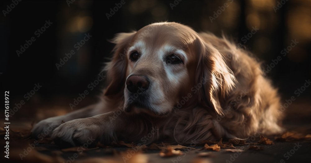 Golden Retriever lying in the autumn forest with fallen leaves. Atmospheric background selective focus.
