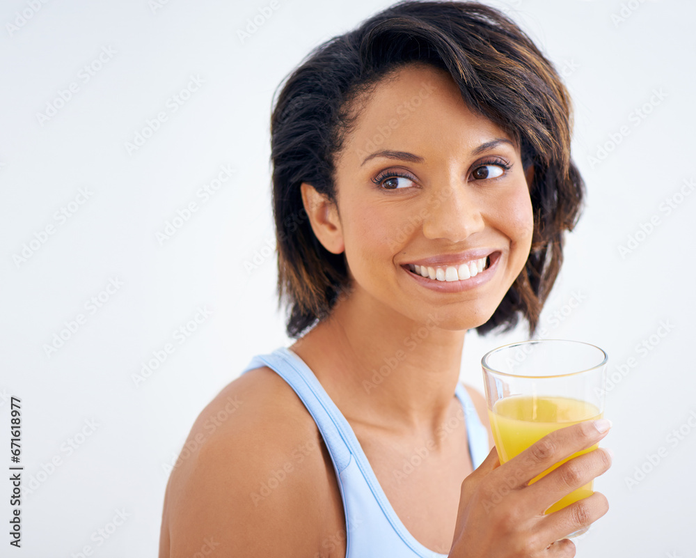 Fitness, studio and face of woman with juice, smile and healthy breakfast diet for weight loss. Nutrition, detox and wellness, happy girl with vitamin c drink in glass on white background mockup. Fitness, studio and face of woman with juice, smile and healthy breakfast diet for weight loss. Nutrition, detox and wellness, happy girl with vitamin c drink in glass on white background mockup.
