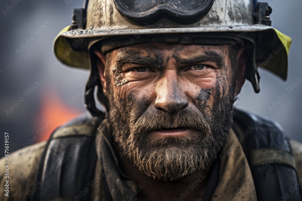 Dirty and Exhausted Firefighter After Firefighting Action Dirty and Exhausted Firefighter After Firefighting Action