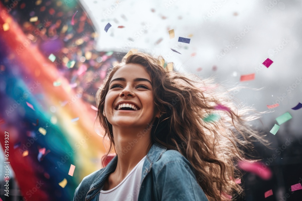 Happy Girl Celebrating at LGBTQ Parade with Flag and Confetti Happy Girl Celebrating at LGBTQ Parade with Flag and Confetti
