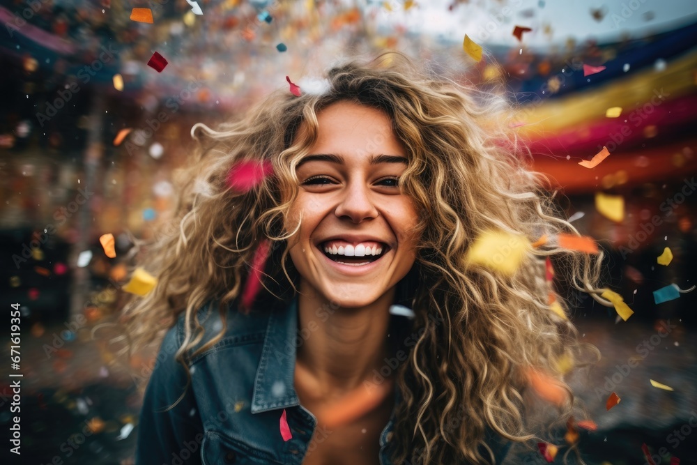 Happy Girl Celebrating at LGBTQ Parade with Flag and Confetti