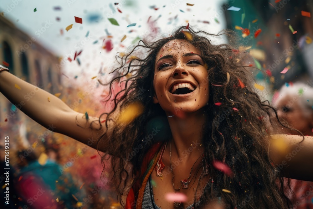 Fototapeta premium Happy Girl Celebrating at LGBTQ Parade with Flag and Confetti