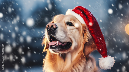 Dog wearing a Christmas red Santa Claus hat on a snowing sky scene.