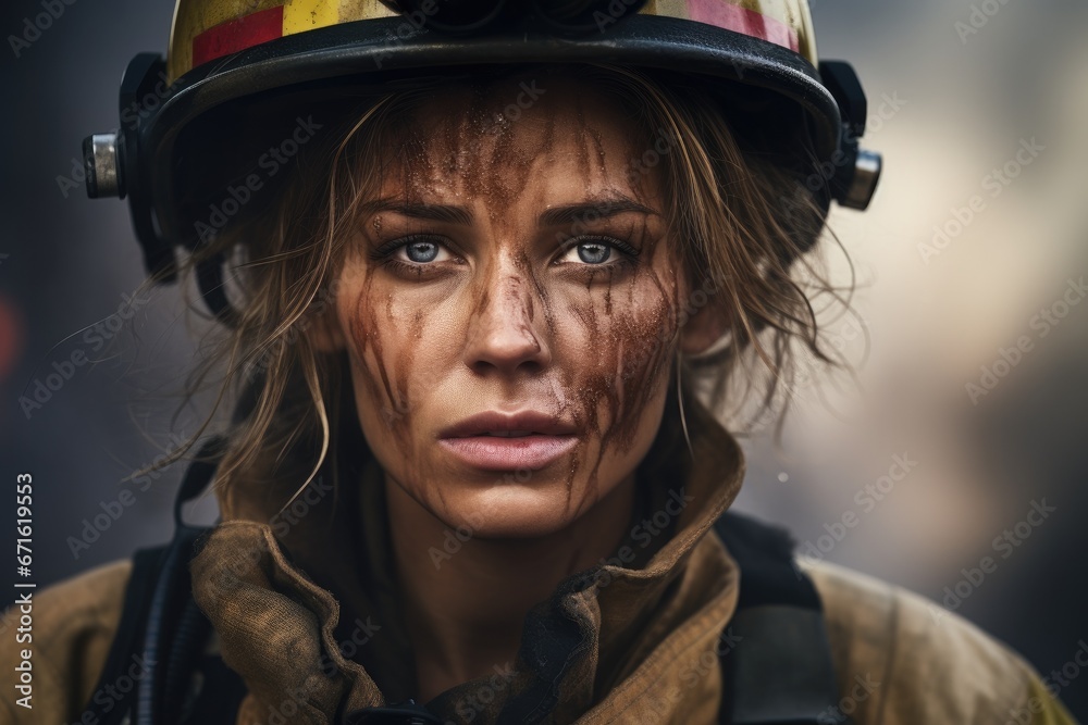 Portrait of a Gritty, Fatigued Female Firefighter After Firefighting Mission Portrait of a Gritty, Fatigued Female Firefighter After Firefighting Mission