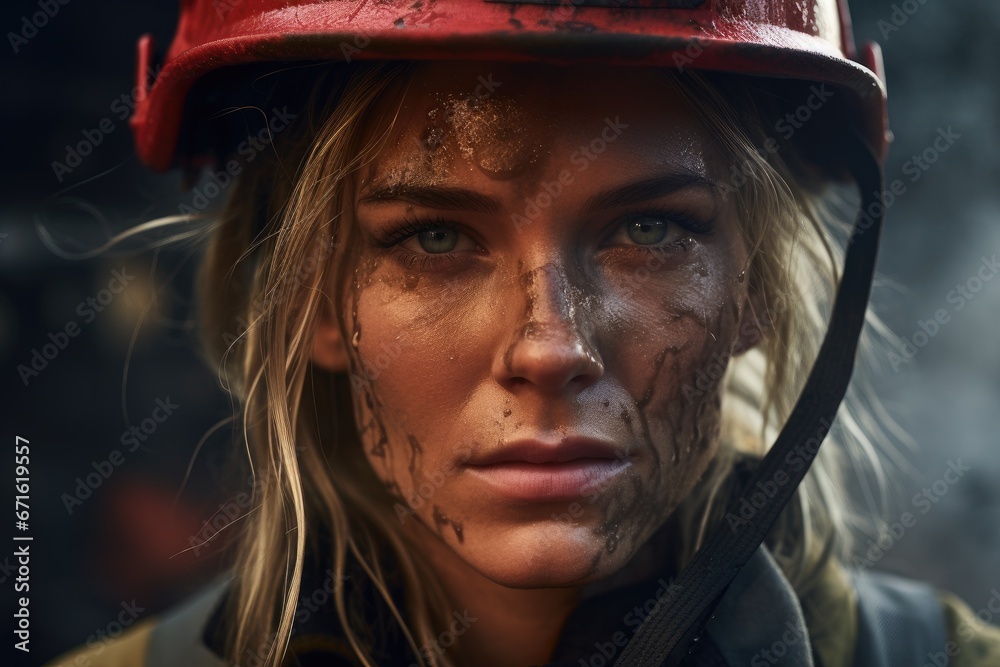 Portrait of a Gritty, Fatigued Female Firefighter After Firefighting Mission Portrait of a Gritty, Fatigued Female Firefighter After Firefighting Mission