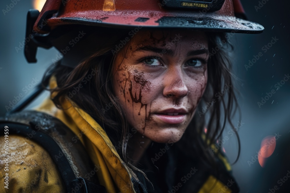 Portrait of a Gritty, Fatigued Female Firefighter After Firefighting Mission Portrait of a Gritty, Fatigued Female Firefighter After Firefighting Mission