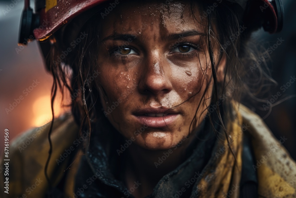 Portrait of a Gritty, Fatigued Female Firefighter After Firefighting Mission Portrait of a Gritty, Fatigued Female Firefighter After Firefighting Mission