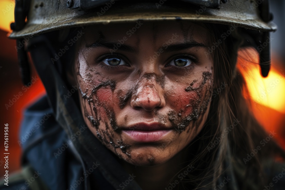 Portrait of a Gritty, Fatigued Female Firefighter After Firefighting Mission