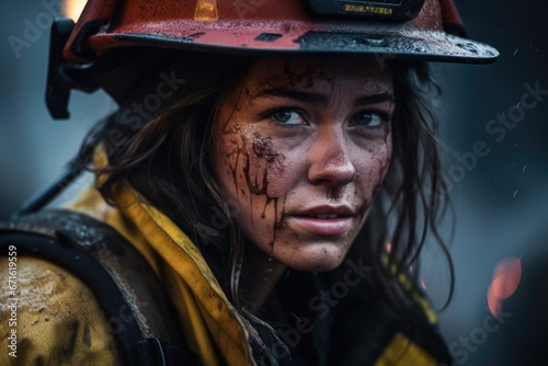 Portrait of a Gritty, Fatigued Female Firefighter After Firefighting Mission