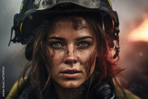 Portrait of a Gritty, Fatigued Female Firefighter After Firefighting Mission © ChaoticMind