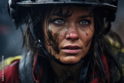 Portrait of a Gritty, Fatigued Female Firefighter After Firefighting Mission