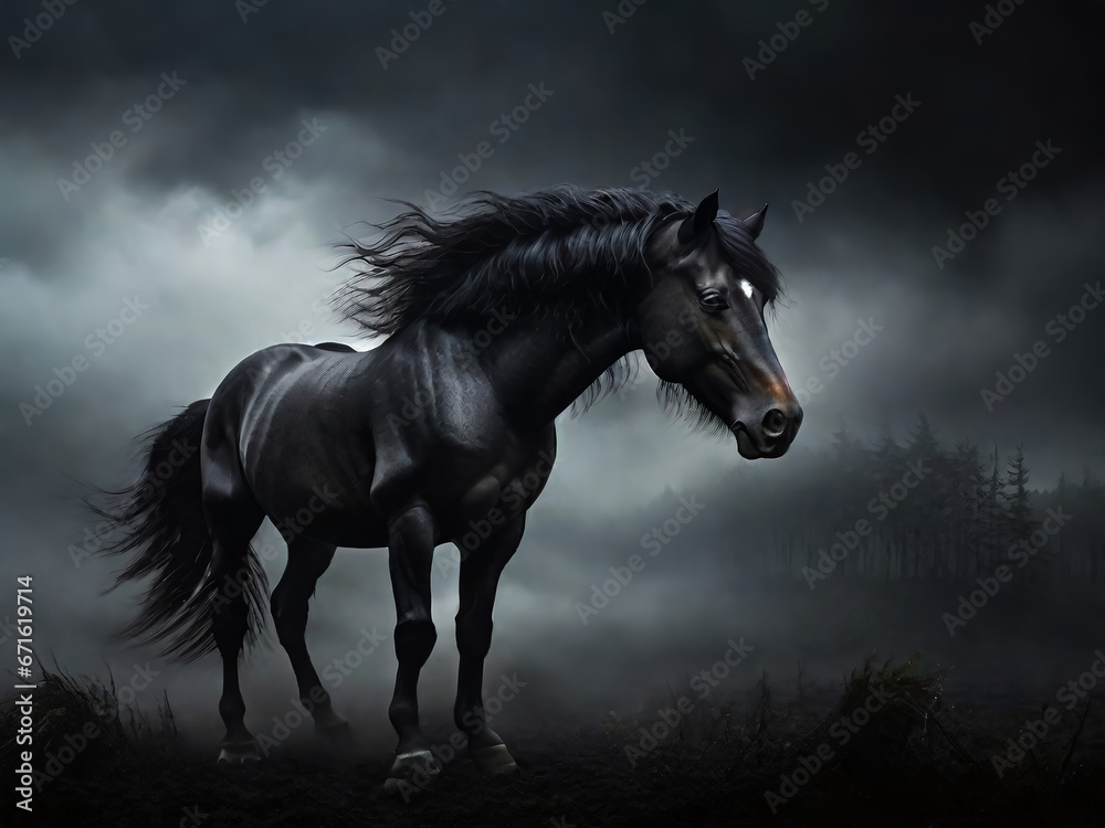 A black wild horse. night landscape. AI A black wild horse. night landscape. AI