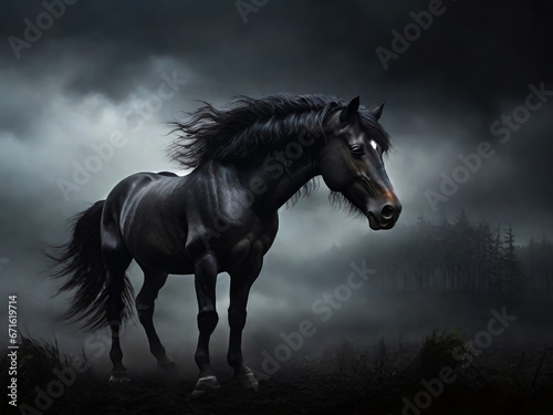 A black wild horse. night landscape. AI © IM_VISUAL_ARTIST