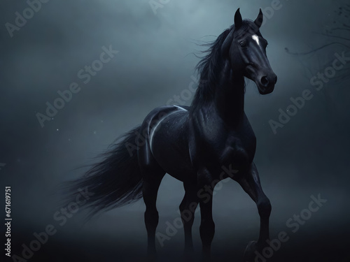 A black wild horse. night landscape. AI