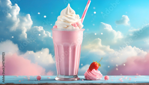 Strawberry Milkshake with whipped  cream on a Dreamy Background | Ai generated