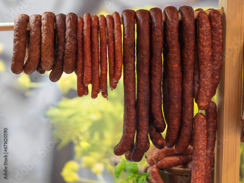 Different types of homemade smoked dry sausages