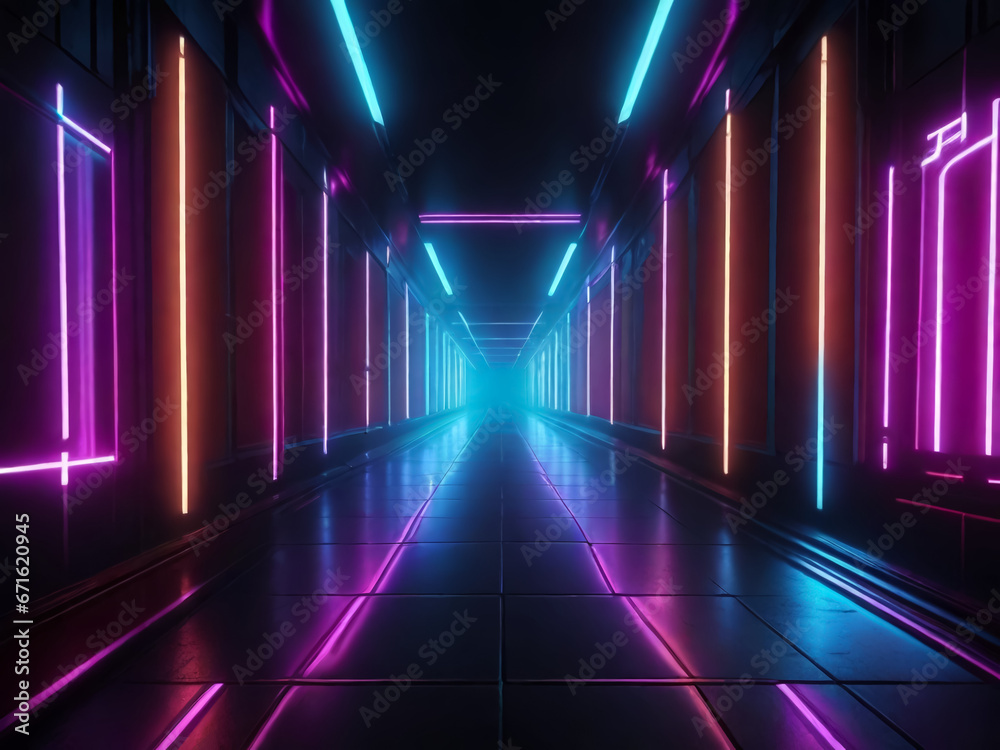 Dark corridor with neon light. AI Dark corridor with neon light. AI
