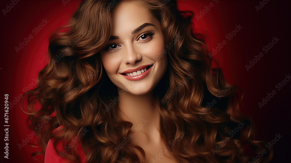 Beautiful smiling woman with long wavy hair . Girl curly hairstyle and red manicure nails . Beauty ,makeup and cosmetics.