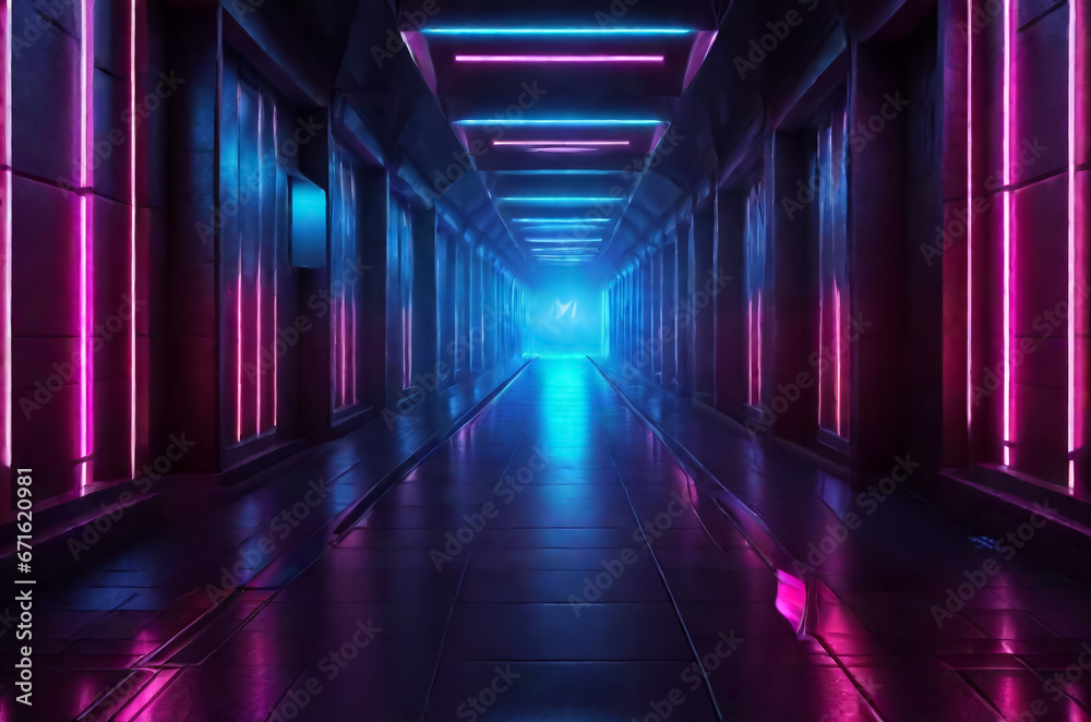 Dark corridor with neon light. AI