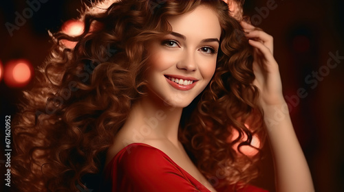 Beautiful smiling woman with long wavy hair . Girl curly hairstyle and red manicure nails . Beauty ,makeup and cosmetics.