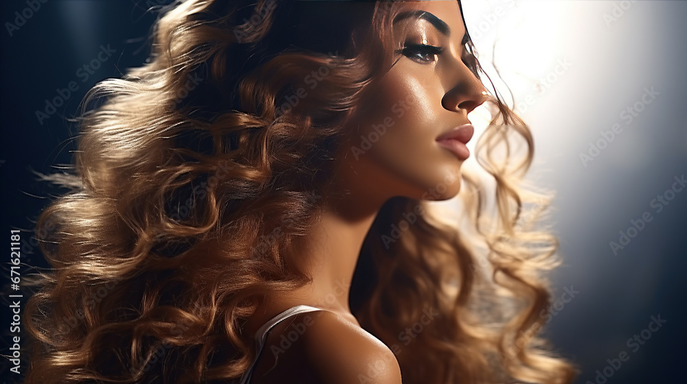 Beautiful woman in profile with long and shiny wavy hair. Beauty model ...