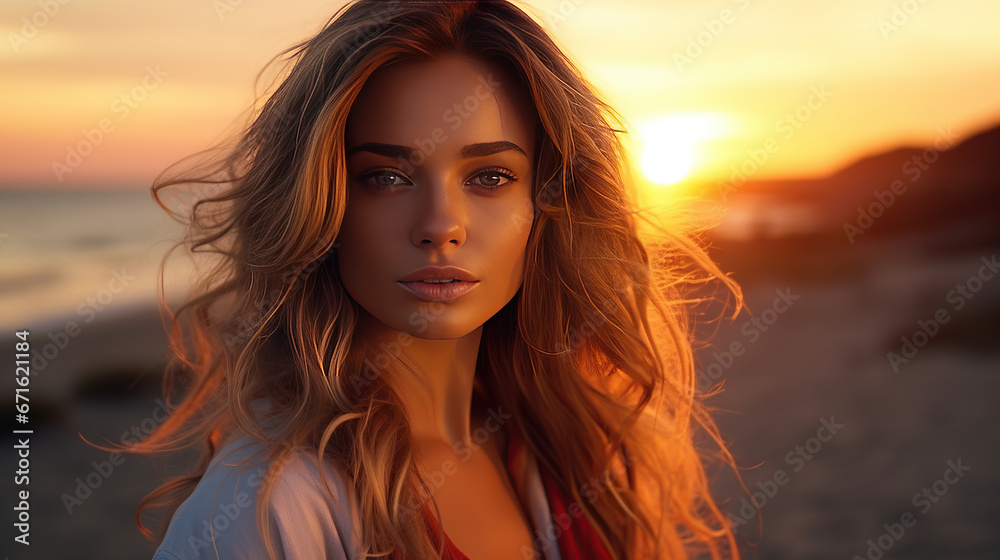 Beautiful young stylish woman at sunset at the beach.