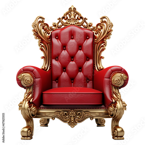 Red and gold throne chair isolated on white transparent background.