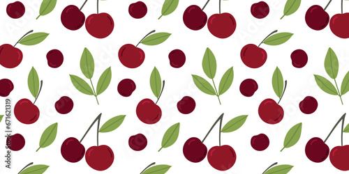 Red cherries seamless pattern isolated on white background. Cherry fruit pattern, cute fruit seamless background with berries. Cherries with leaves. Vector illustration