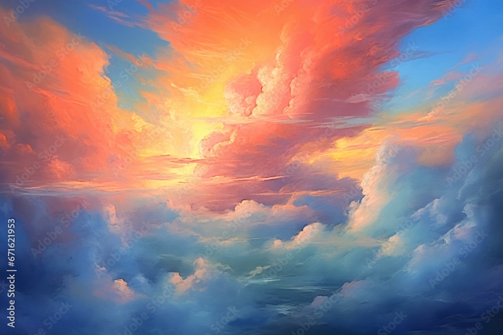 Painting of a serene sky at sunset above the clouds, symbolizing hope, divinity, and the heavens. Generative AI