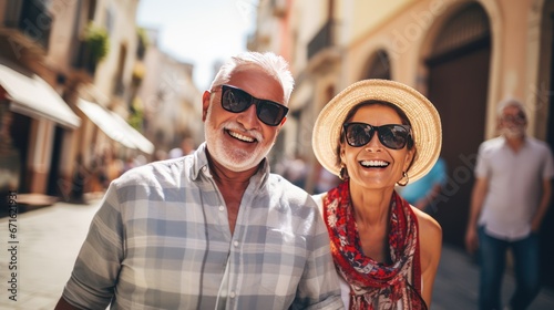 Old man with wife wearing sunglasses walk smiling on vacation. Senior husband hugging mature wife in bright hat while walking in touristic city center having rest on summer vacation.