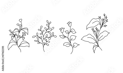 Floral branch and minimalist flowers for logo or tattoo. Hand drawn line wedding herb, elegant leaves for invitation save the date card. Botanical rustic trendy