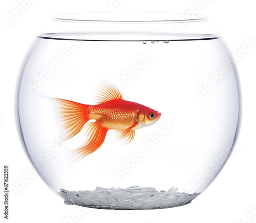 Single goldfish swimming in round glass bowl aquarium on transparent background.