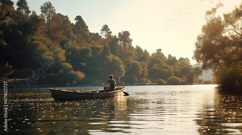 Man on Rustic lake boat in Mediterranean lake. © Santy Hong