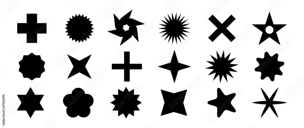 Collection of brutal modern figures, stars, circle and other elements. Set of abstract minimal geometric elements, shapes Brutalist design. Collection of brutal modern figures, stars, circle and other elements. Set of abstract minimal geometric elements, shapes Brutalist design.