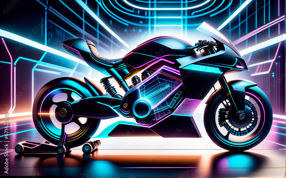 A modern motorcycle. Background neon rays, light. AI