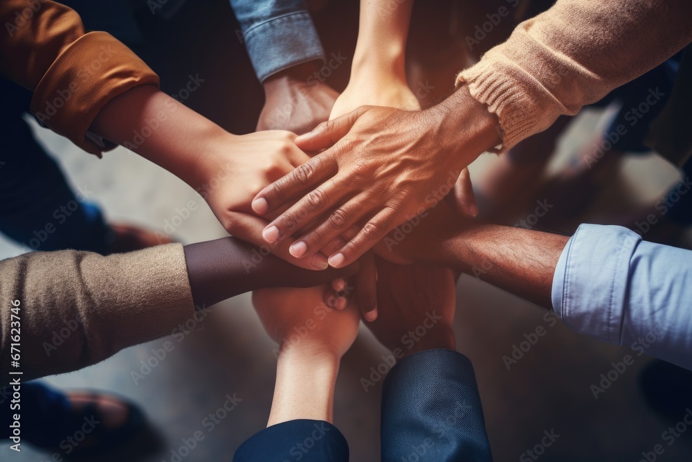 Group of people holding and stacking hands together. Group of people holding and stacking hands together.