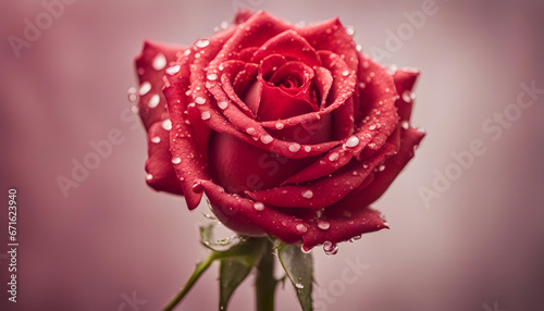 closeup of one red roses with water drops isolated with soft background
