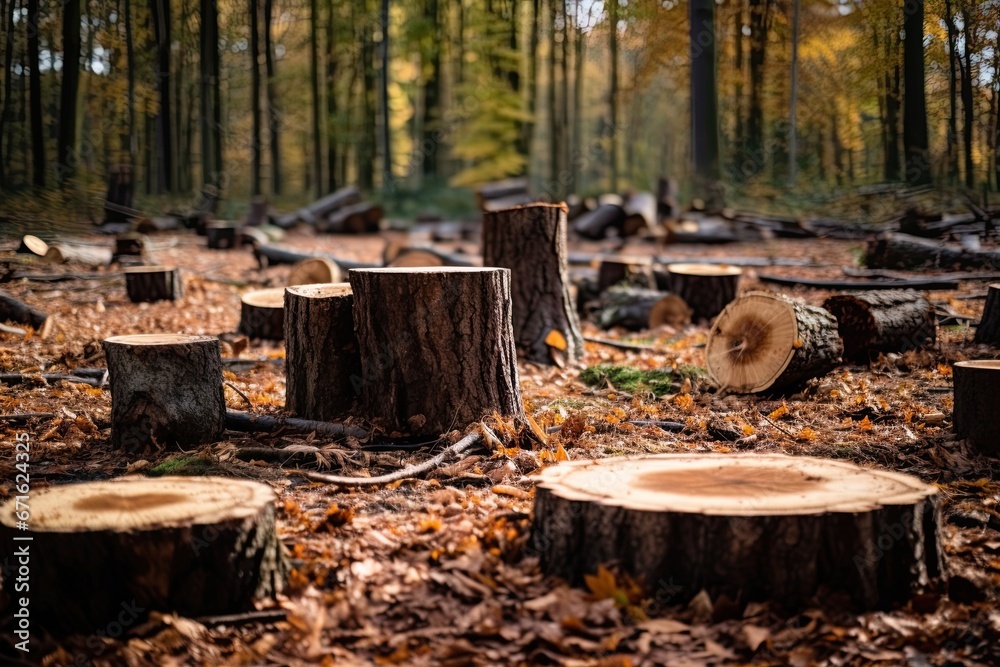 Forest deforestation. Cut trees for lumber and timber. Industry concept. Generative Ai Forest deforestation. Cut trees for lumber and timber. Industry concept. Generative Ai