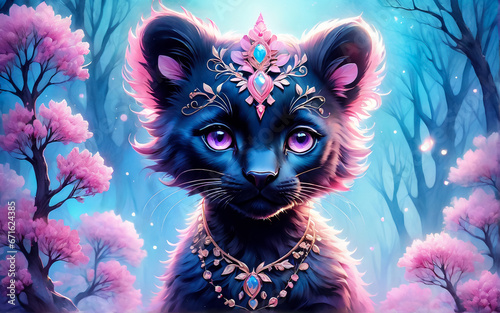Black little panther. Fantastic landscape in pink and blue tones.. AI