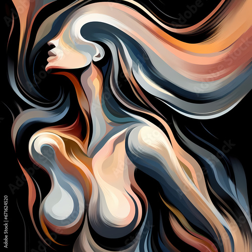 Abstract naked woman portrait with long hair.